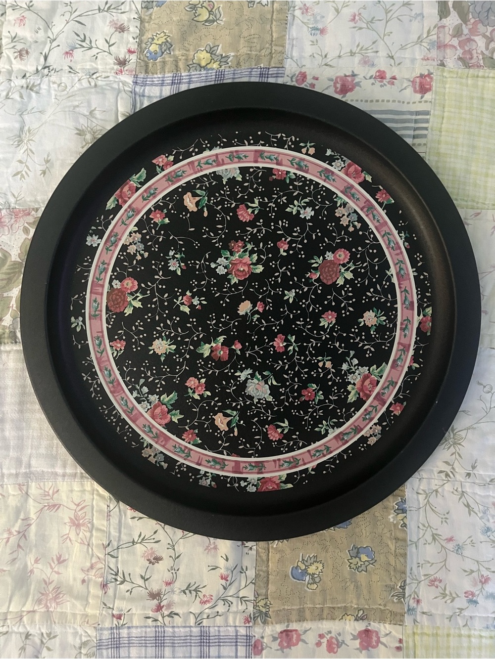 Floral Black & Pink Round Tole Tray - Grannycore Cottagecore 12”